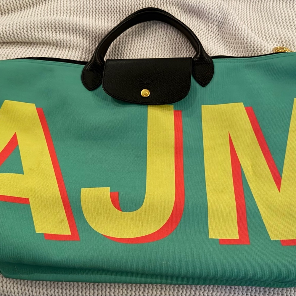 Longchamp Teal and Yellow Tote with Gold Accents
